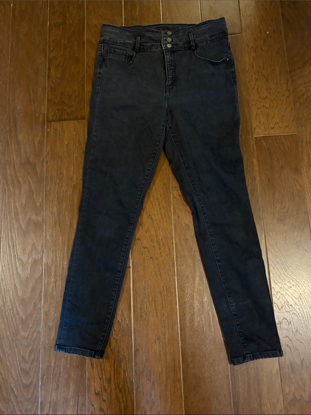 Ann Taylor Black Stone Wash Skinny Jeans Button Fly High Waist Sz 12 Cotton blen